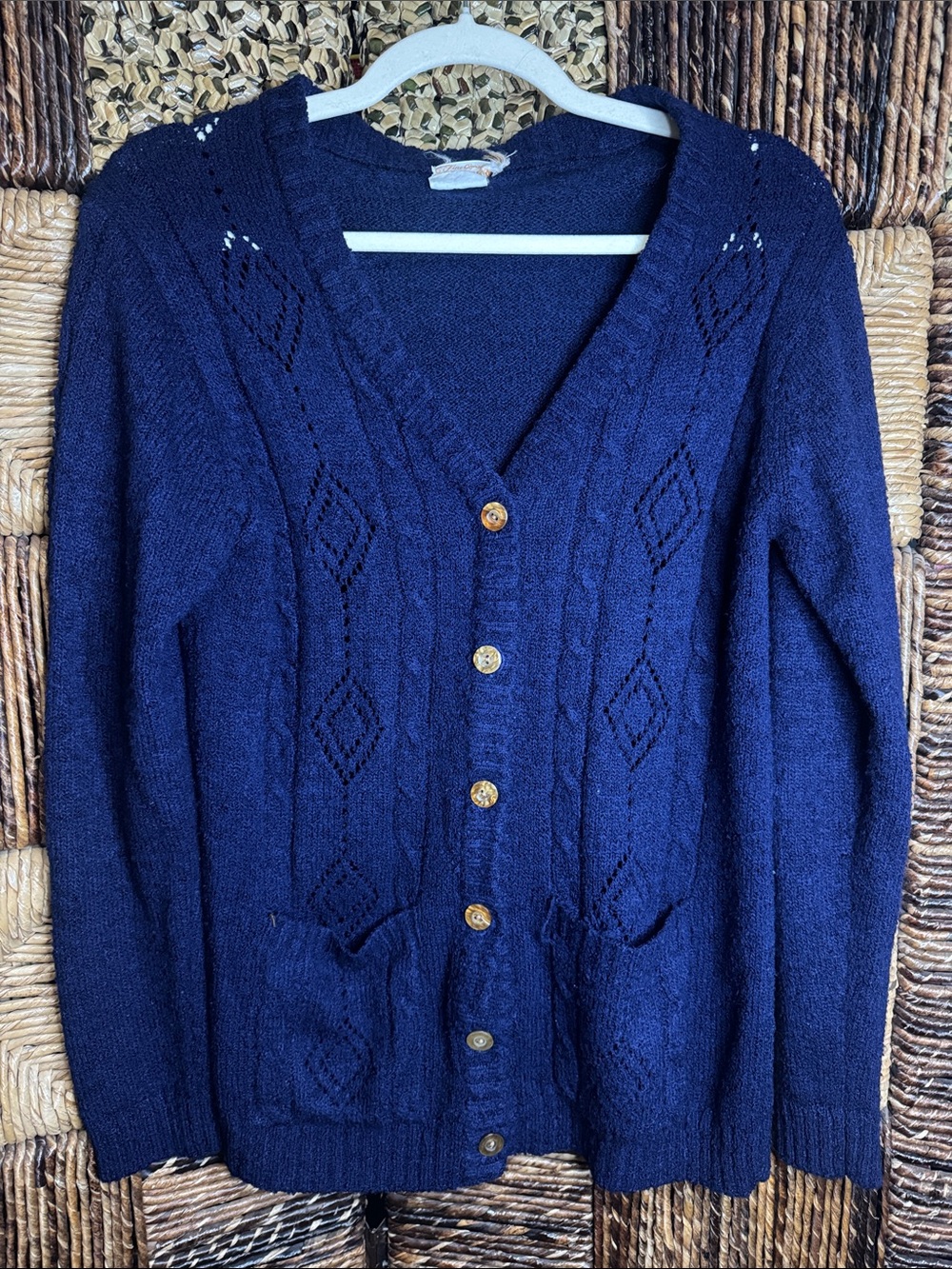 Vintage Navy Cable Knit V-Neck Button Cardigan